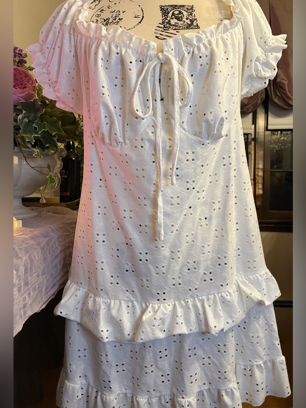 SHEIN Curve White Eyelet Off Shoulder Ruffle Mini Dress 4XL US 20 Boho - Picture 10 of 16